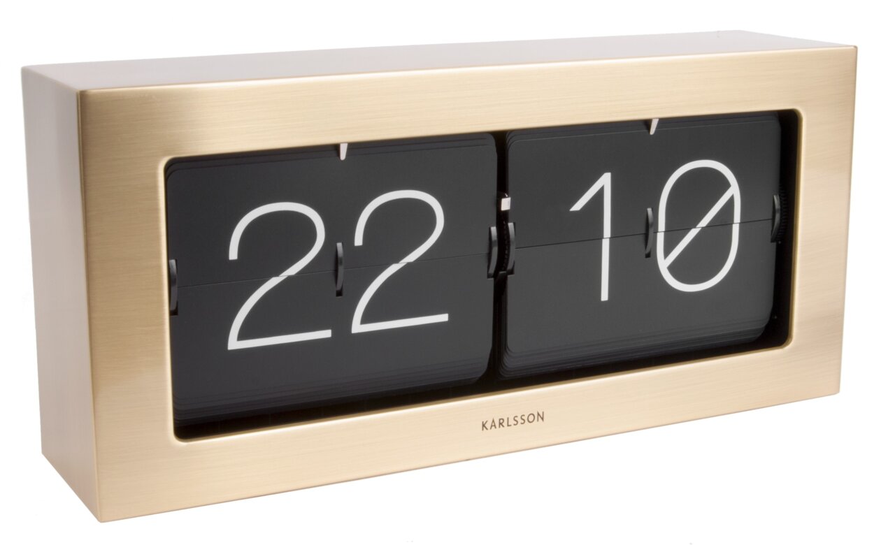 Tischuhr XL mit goldfarbenem Rahmen und schwarzem Ziffernblatt, seitliche Perspektive