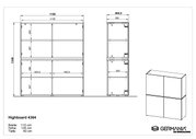 Technische Zeichnung eines Highboards mit den Maßen: Breite 115 cm, Höhe 135 cm, Tiefe 40 cm. Frontale und seitliche Ansicht.