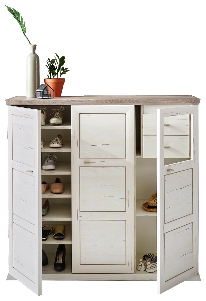 Schoenenkast met geopende deur, met daarin verschillende planken vol schoenen, versierd met planten en accessoires op de bovenkant, vooraanzicht.
