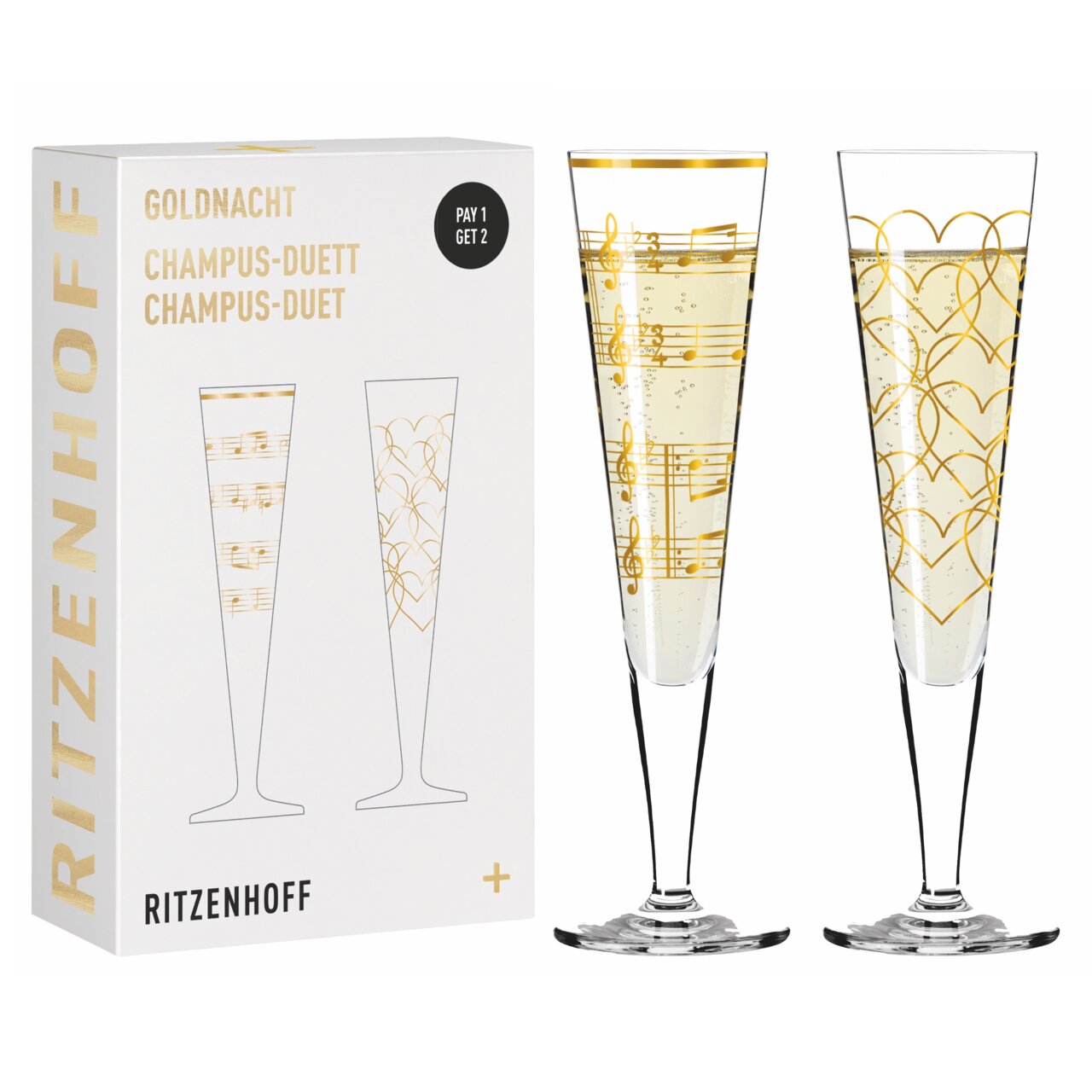 Zwei elegante Champagnergläser mit goldenen Verzierungen, eines mit Noten und das andere mit Herzmotiven, vor einer Verpackung mit der Aufschrift 'Ritzenhoff'. Frontalansicht.
