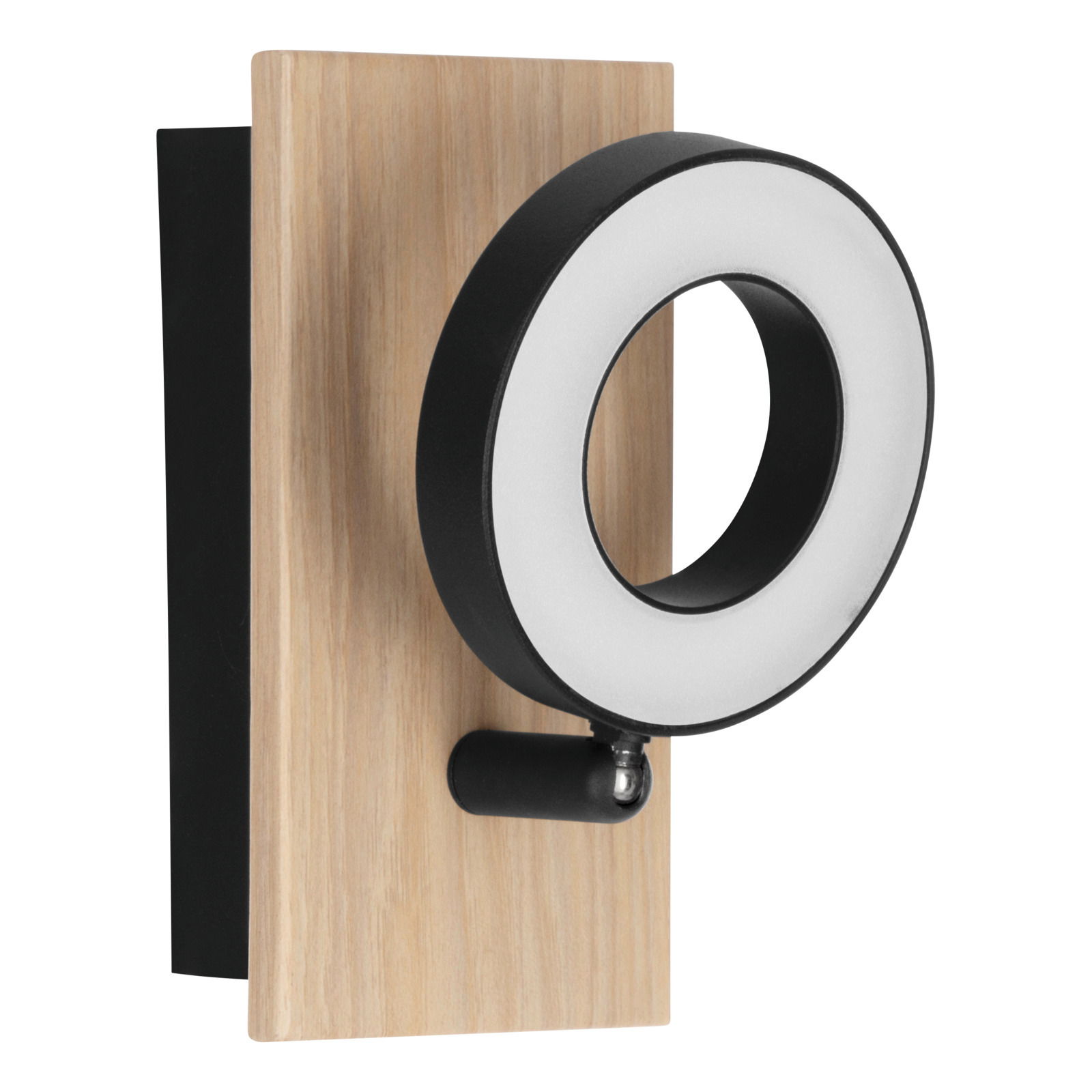 Moderner Wandspot RIELVES mit schwarzem Ring und Holzplatte, seitliche Perspektive