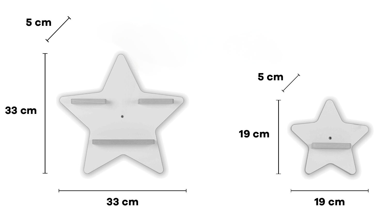 Frontansicht von zwei weißen, sternförmigen Wandregalen in unterschiedlichen Größen (33×33 cm und 19×19 cm) mit ca. 5 cm Tiefe und integrierten Ablageleisten, Maße im Bild dargestellt.