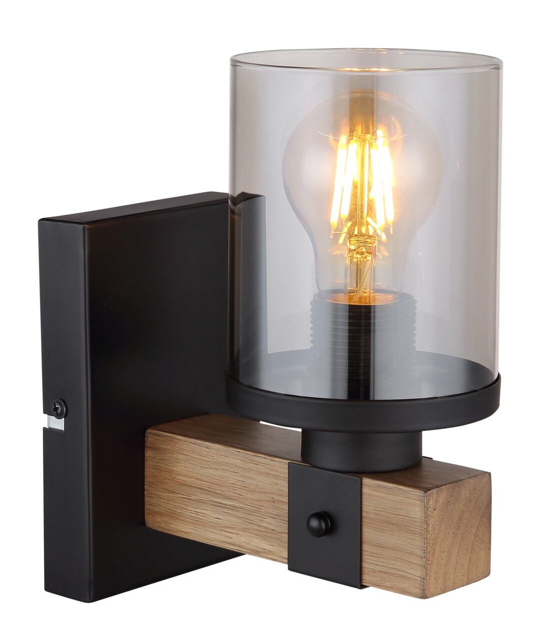 Moderne Wandleuchte mit schwarzem Metallrahmen, Holzdetails und transparentem Glaszylinder, seitliche Perspektive