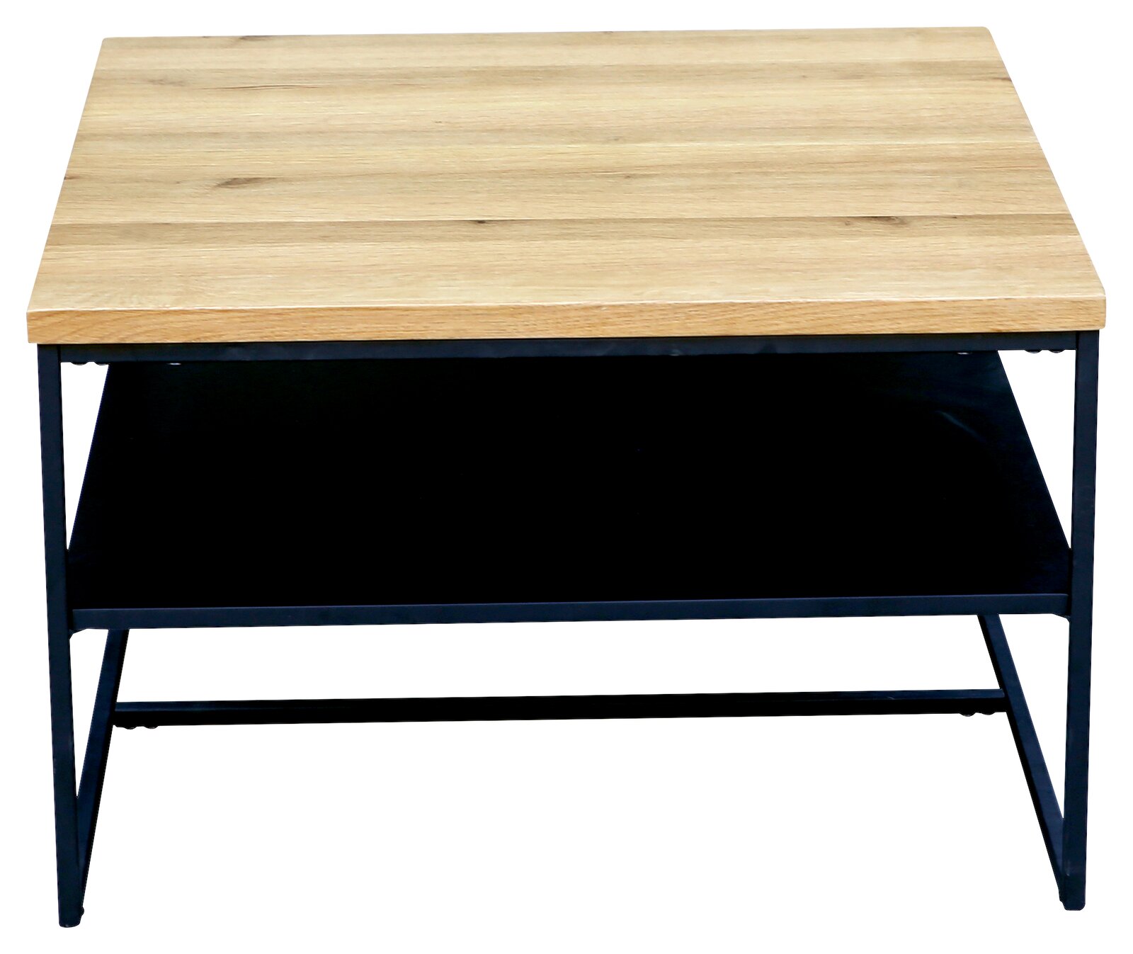 Moderner Couchtisch mit Holzplatte und schwarzem Metallgestell, Frontalansicht