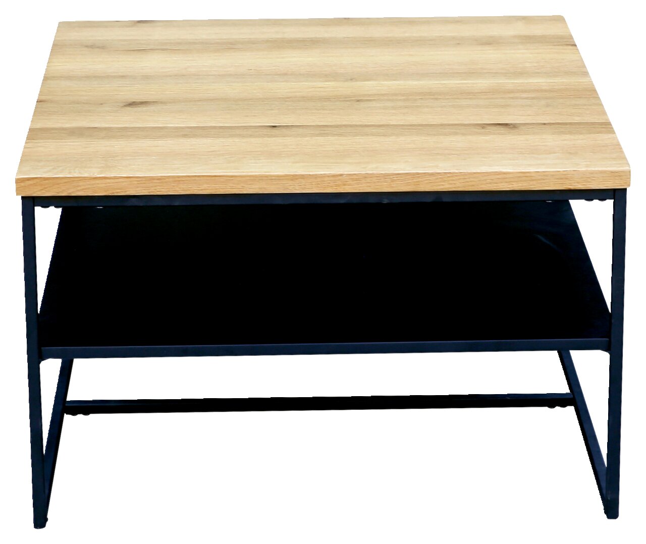 Moderner Couchtisch mit Holzplatte und schwarzem Metallgestell, Frontalansicht