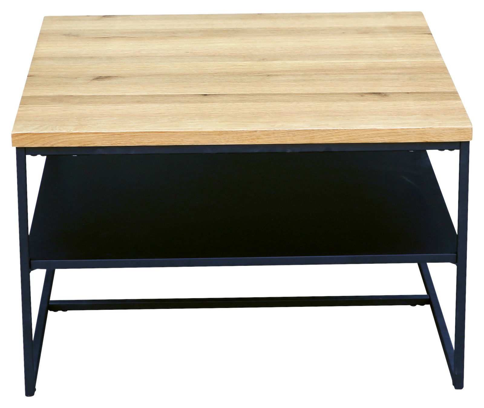 Moderner Couchtisch mit Holzplatte und schwarzem Metallgestell, Frontalansicht
