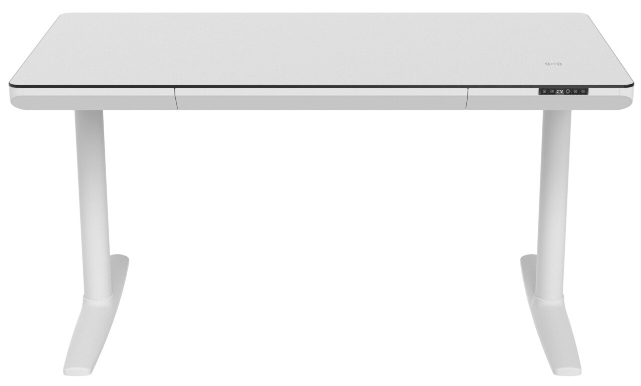 Moderner weißer E-Schreibtisch mit Bedienelementen, Vorderansicht