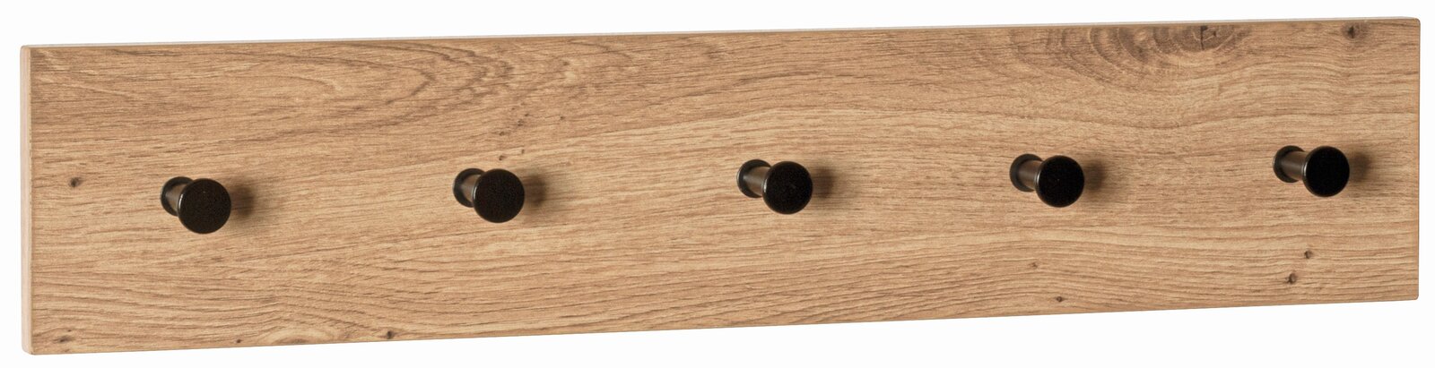 XORA Garderobenleiste PARMA Garderobenleiste aus Holz mit vier schwarzen Haken, frontal betrachtet.