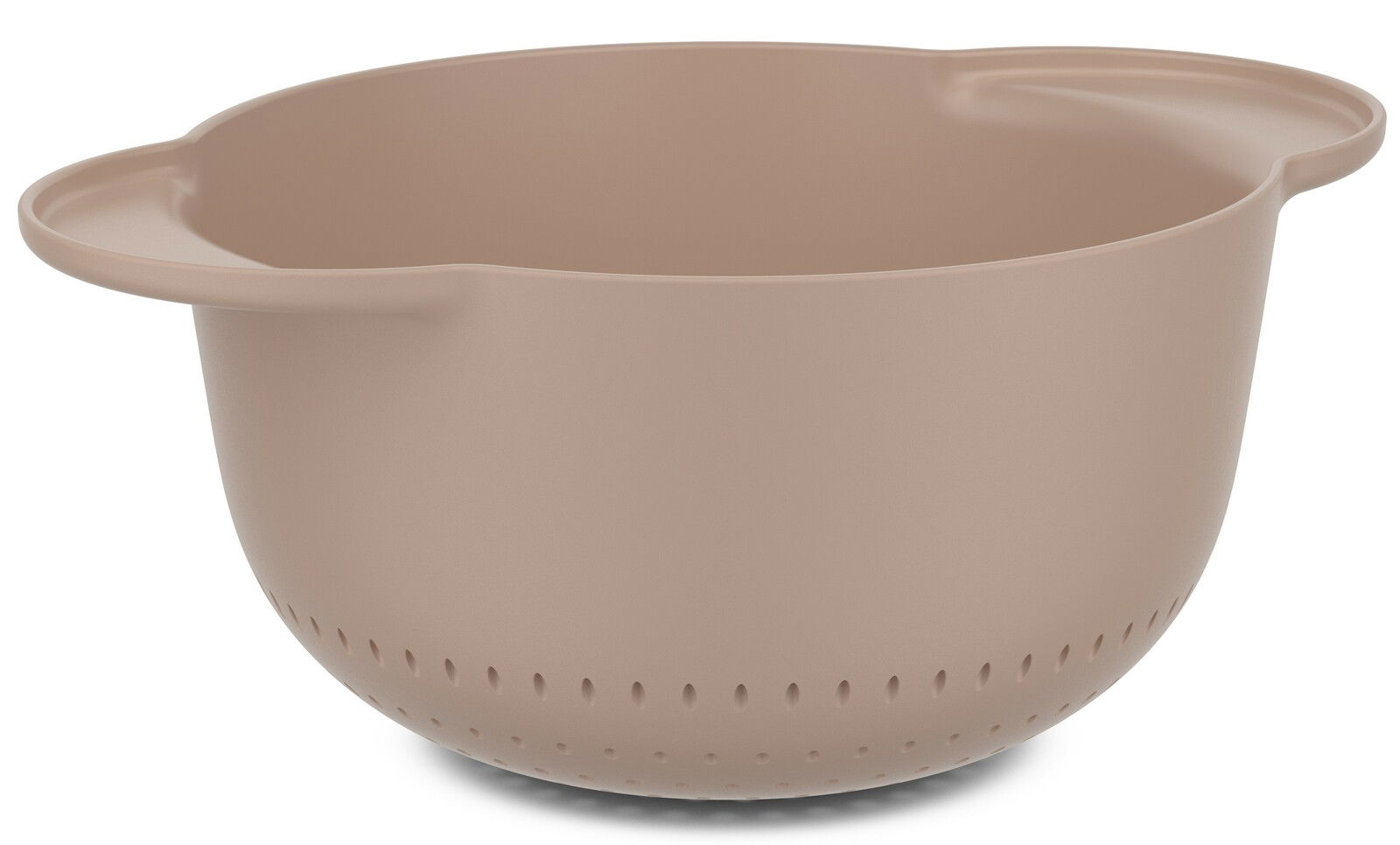 Beiger Seiher aus Kunststoff mit zwei Griffen, seitliche Perspektive