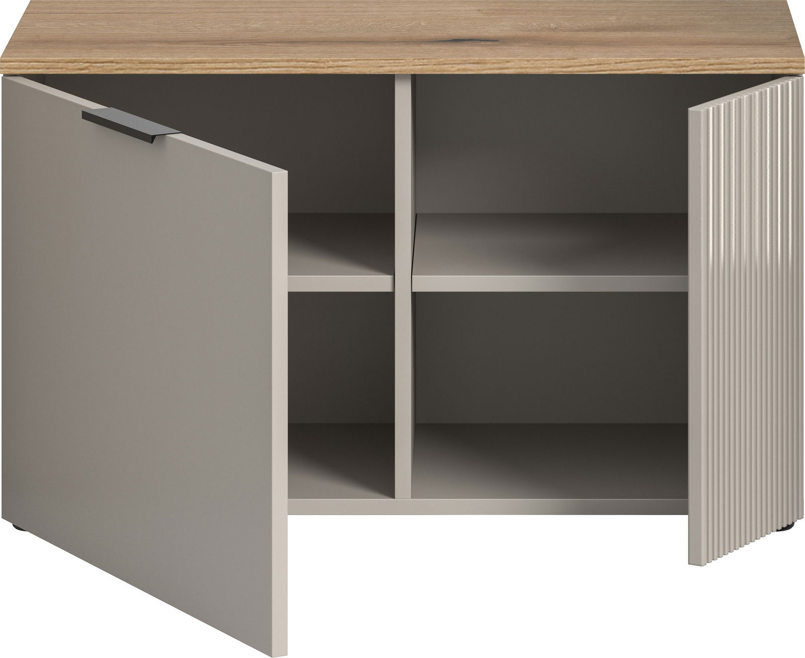 Garderobenkombination mit zwei offenen Türen, vier Fächern und einer Holzoberfläche, Frontansicht