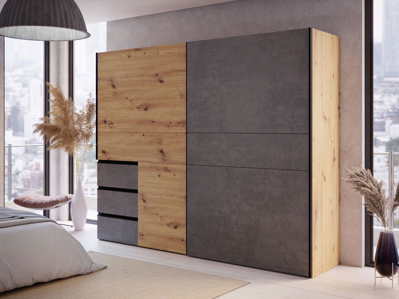 Moderner Schwebetürenschrank mit zwei Türen in Holz- und Betonoptik, seitliche Perspektive im Schlafzimmer mit großen Fenstern.