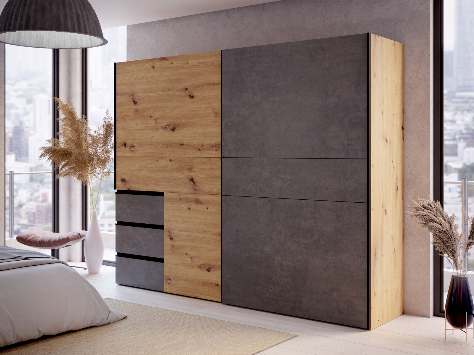 Moderner Schwebetürenschrank mit zwei Türen in Holz- und Betonoptik, seitliche Perspektive im Schlafzimmer mit großen Fenstern.