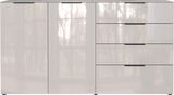 Frontansicht eines modernen XL-Sideboards mit zwei Türen und vier Schubladen in Hochglanzoptik.