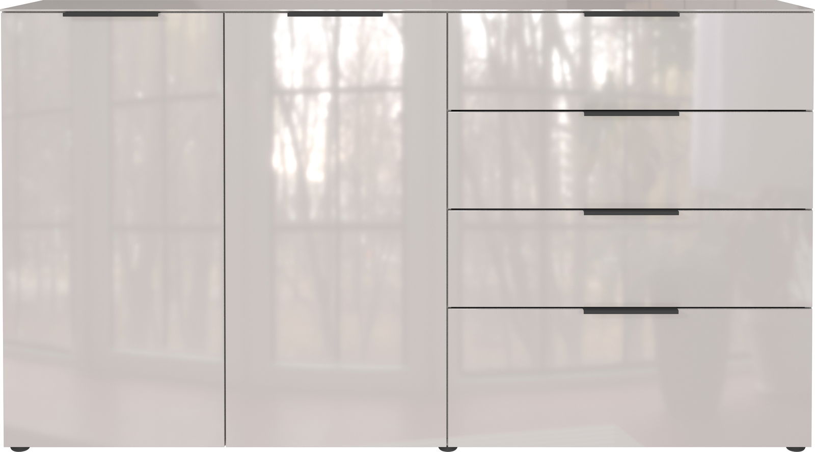 Frontansicht eines modernen XL-Sideboards mit zwei Türen und vier Schubladen in Hochglanzoptik.