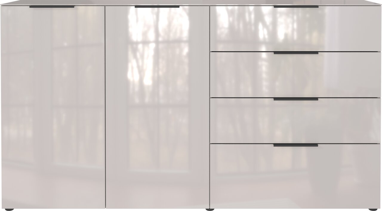 Vooraanzicht van een modern XL-dressoir met twee deuren en vier lades in hoogglansafwerking.