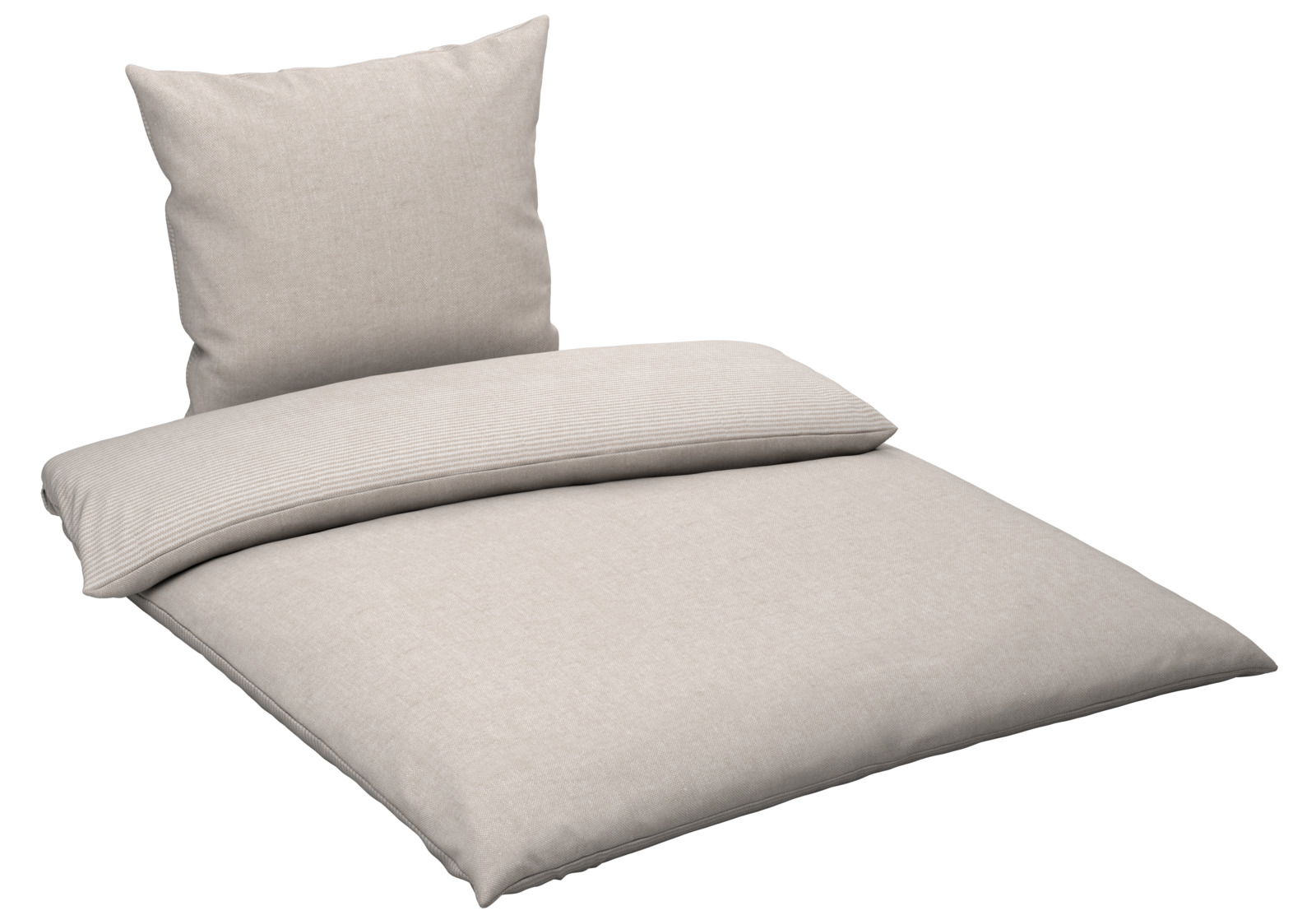 Beige Wendebettwäsche-Set mit Kissen und Decke, seitliche Perspektive