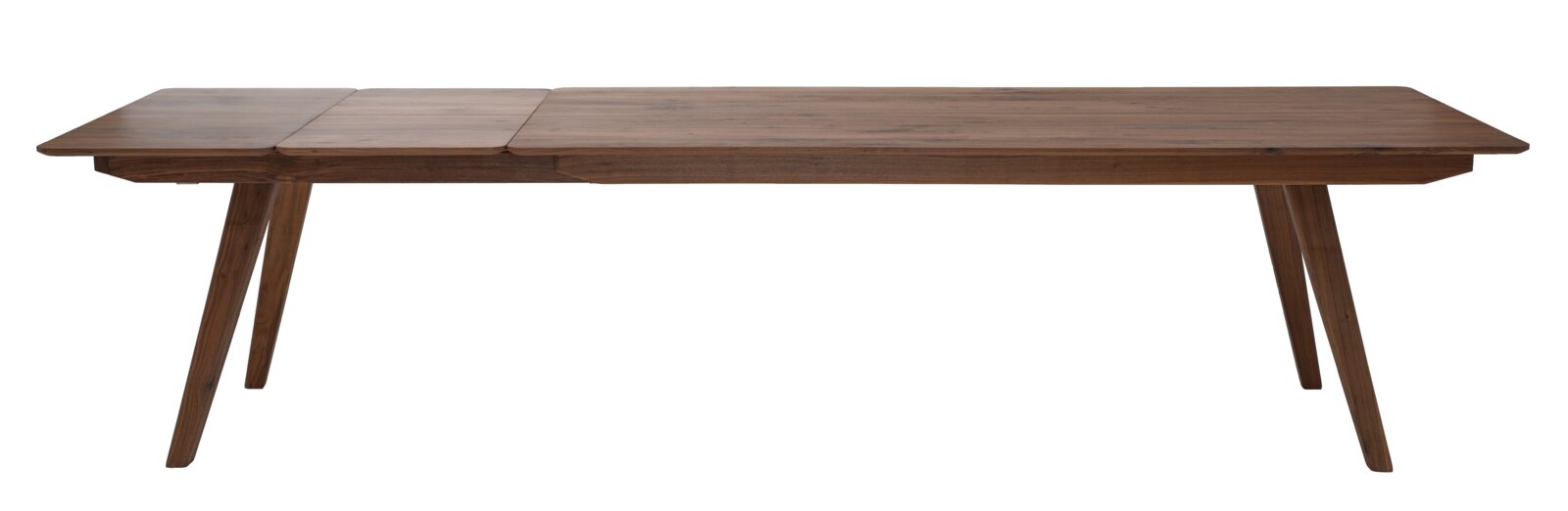 Uitschuifbare houten eettafel met donkerbruin tafelblad en schuine poten, zijaanzicht op witte achtergrond