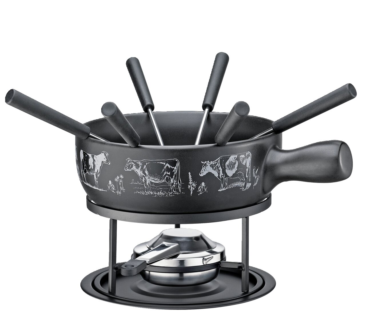 Käsefondue-Set St. Gallen mit schwarzem Topf, Kuhmotiven und sechs Fonduegabeln, seitliche Perspektive