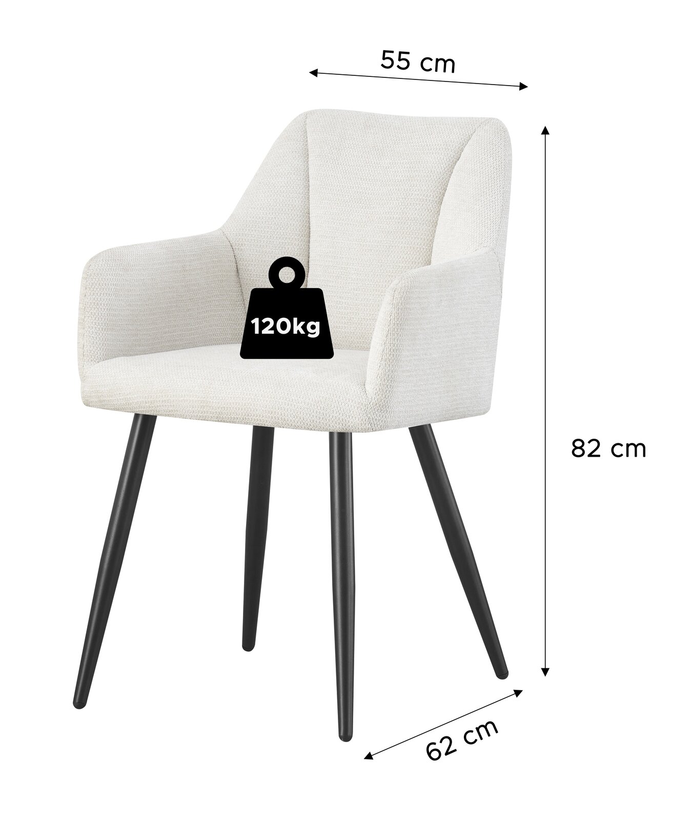 Gepolsterter Armlehnstuhl in Creme/Beige mit schwarzem Vierfußgestell, Maße ca. 55 cm Breite, 62 cm Tiefe, 82 cm Höhe und Belastbarkeit bis 120 kg, dargestellt in schräger Vorderansicht vor weißem Hintergrund.