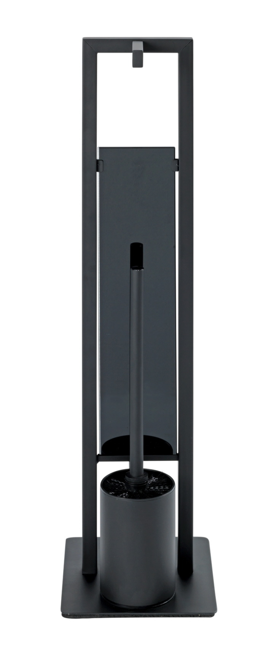 Schwarze Stand WC-Garnitur Rivalta, frontal abgebildet, mit modernem Design und rechteckiger Basis.