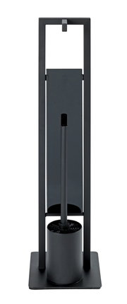 Schwarze Stand WC-Garnitur Rivalta, frontal abgebildet, mit modernem Design und rechteckiger Basis.