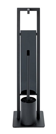 Schwarze Stand WC-Garnitur Rivalta, frontal abgebildet, mit modernem Design und rechteckiger Basis.
