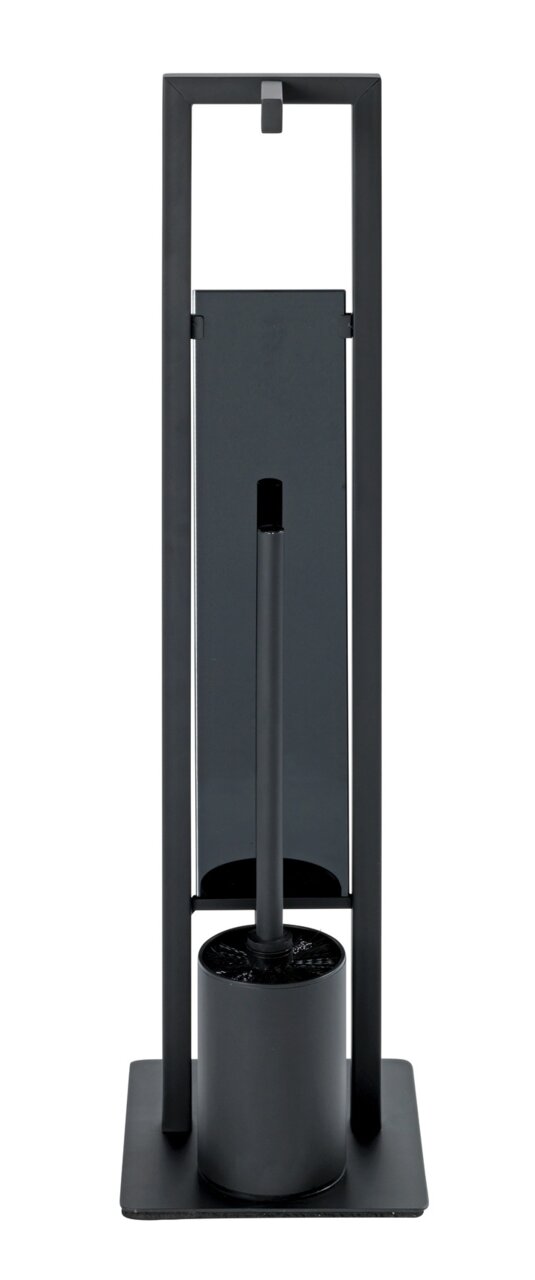 Schwarze Stand WC-Garnitur Rivalta, frontal abgebildet, mit modernem Design und rechteckiger Basis.