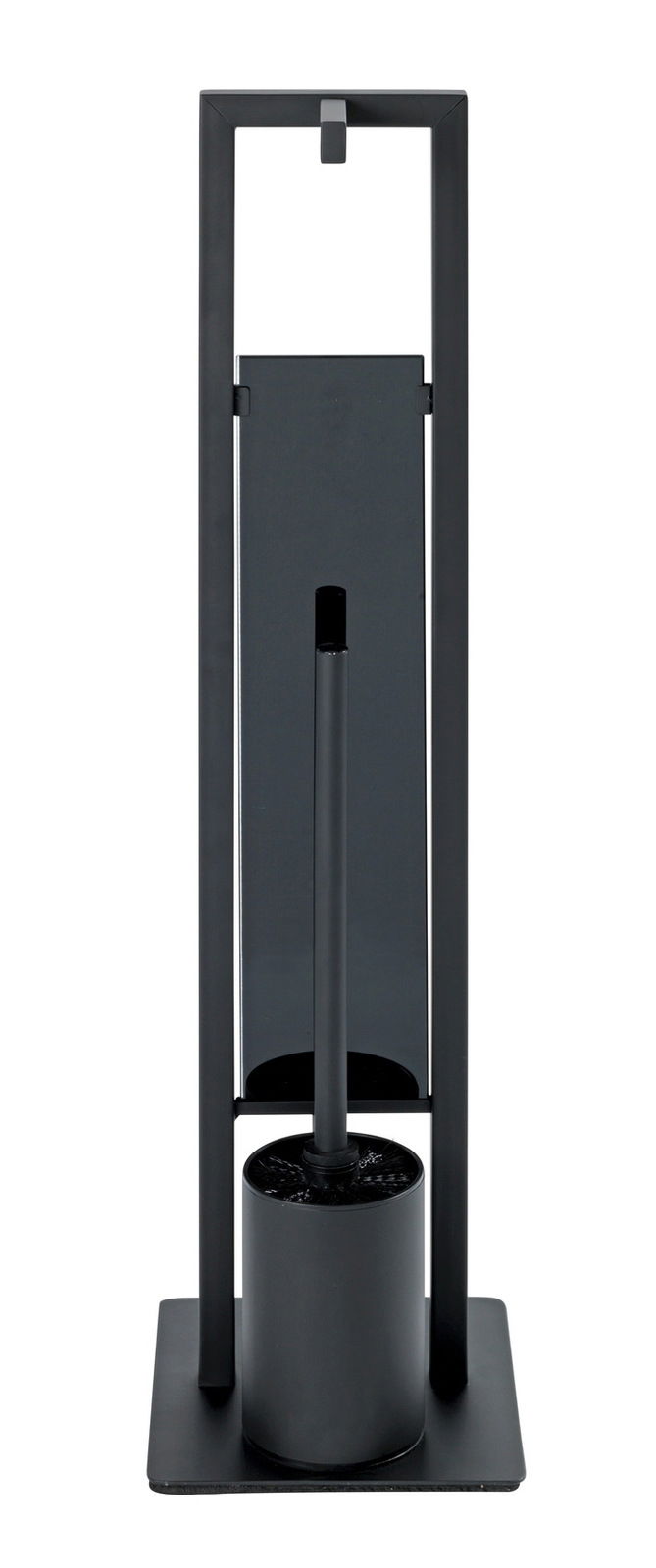 Schwarze Stand WC-Garnitur Rivalta, frontal abgebildet, mit modernem Design und rechteckiger Basis.