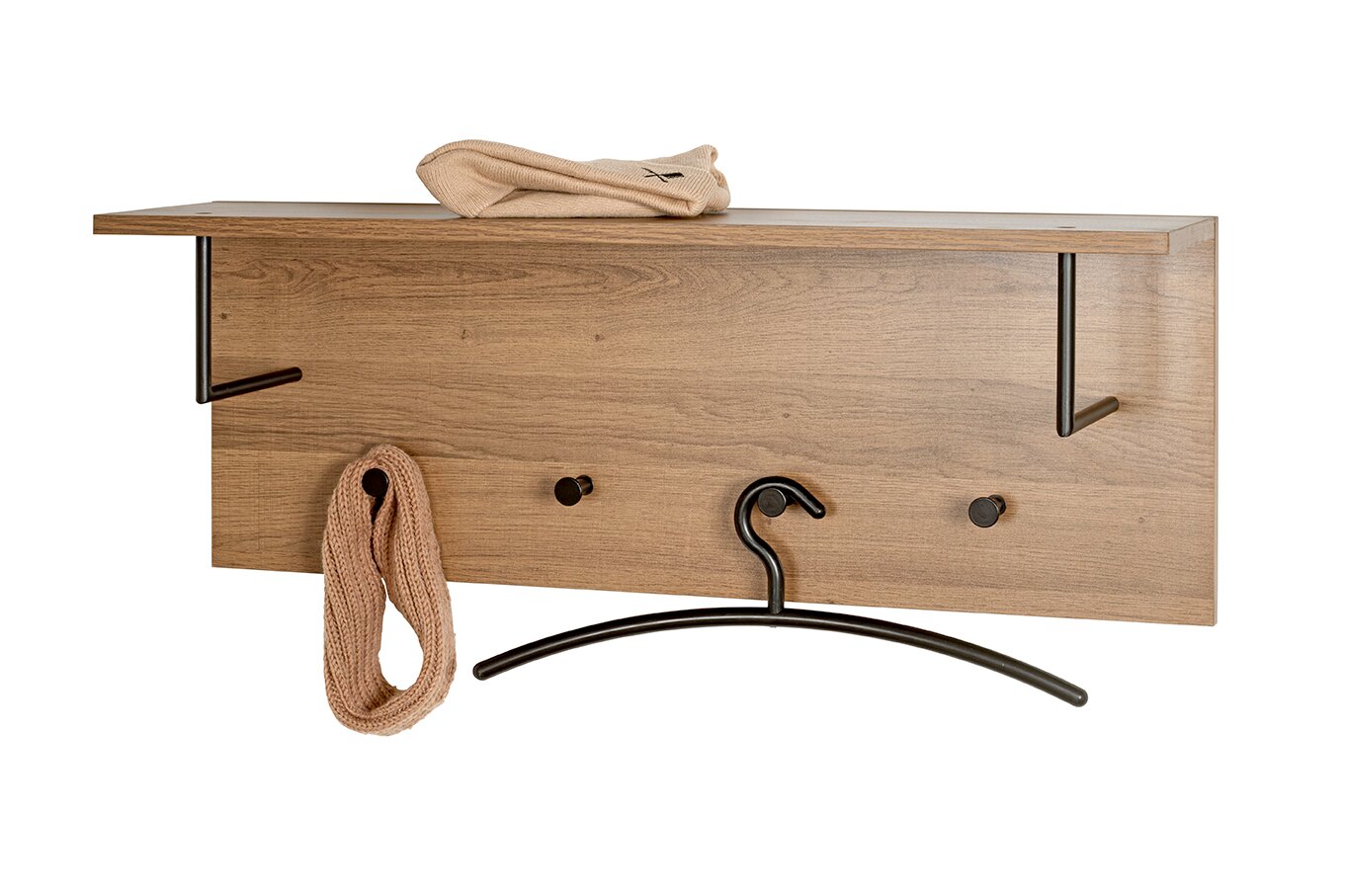 Zurbrüggen Wandgarderobe Wandgarderobe aus Holz mit schwarzem Metallbügel und mehreren Haken, frontal in leichter Seitenansicht fotografiert