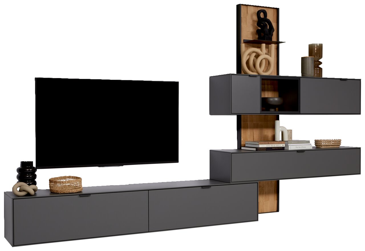 Dieter Knoll Wandcombinatie RINA Moderne wandopstelling in donkergrijs met verschillende kasten en planken, versierd met boeken en accessoires. Aanzicht van voren.