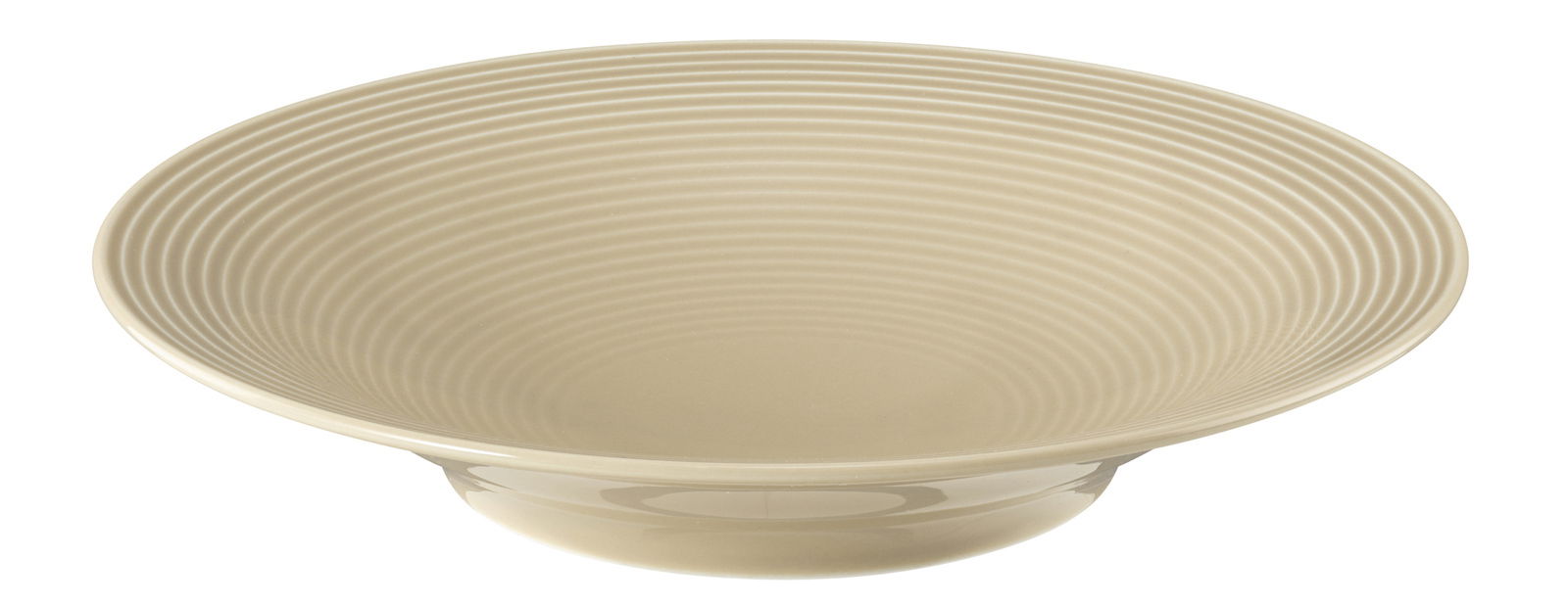 Suppenteller 22,5 cm in sandbeige mit geriffeltem Design, seitliche Perspektive