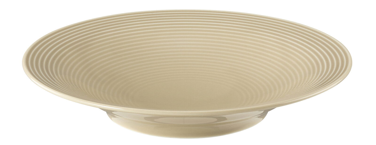 Suppenteller 22,5 cm in sandbeige mit geriffeltem Design, seitliche Perspektive