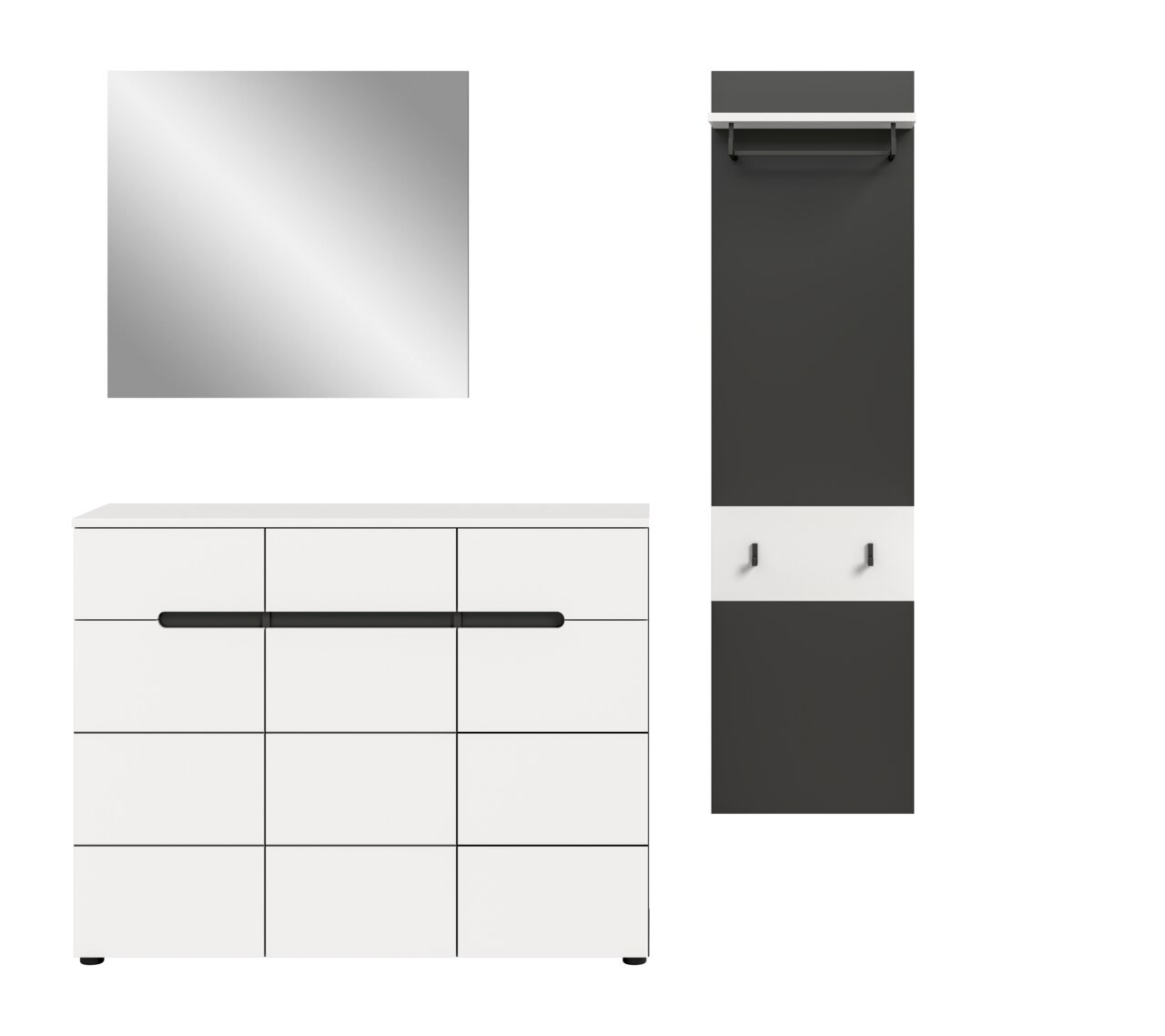 Modernes Flurmöbel-Set in Schwarz-Weiß: quadratischer Spiegel, weiße Kommode mit langem schwarzem Griff und Garderobenpaneel mit Ablage, Kleiderstange und Haken, frontale Ansicht.