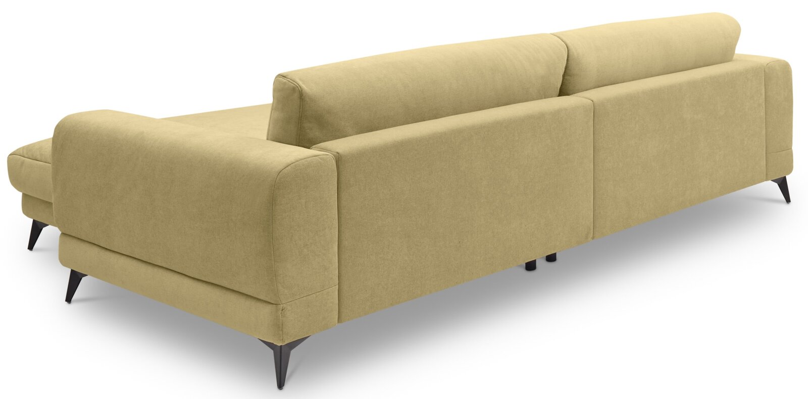 Beiges Stoffsofa mit klaren Linien und schwarzen, konischen Füßen, Ansicht schräg von hinten (Rückseite und Seite sichtbar) auf weißem Hintergrund