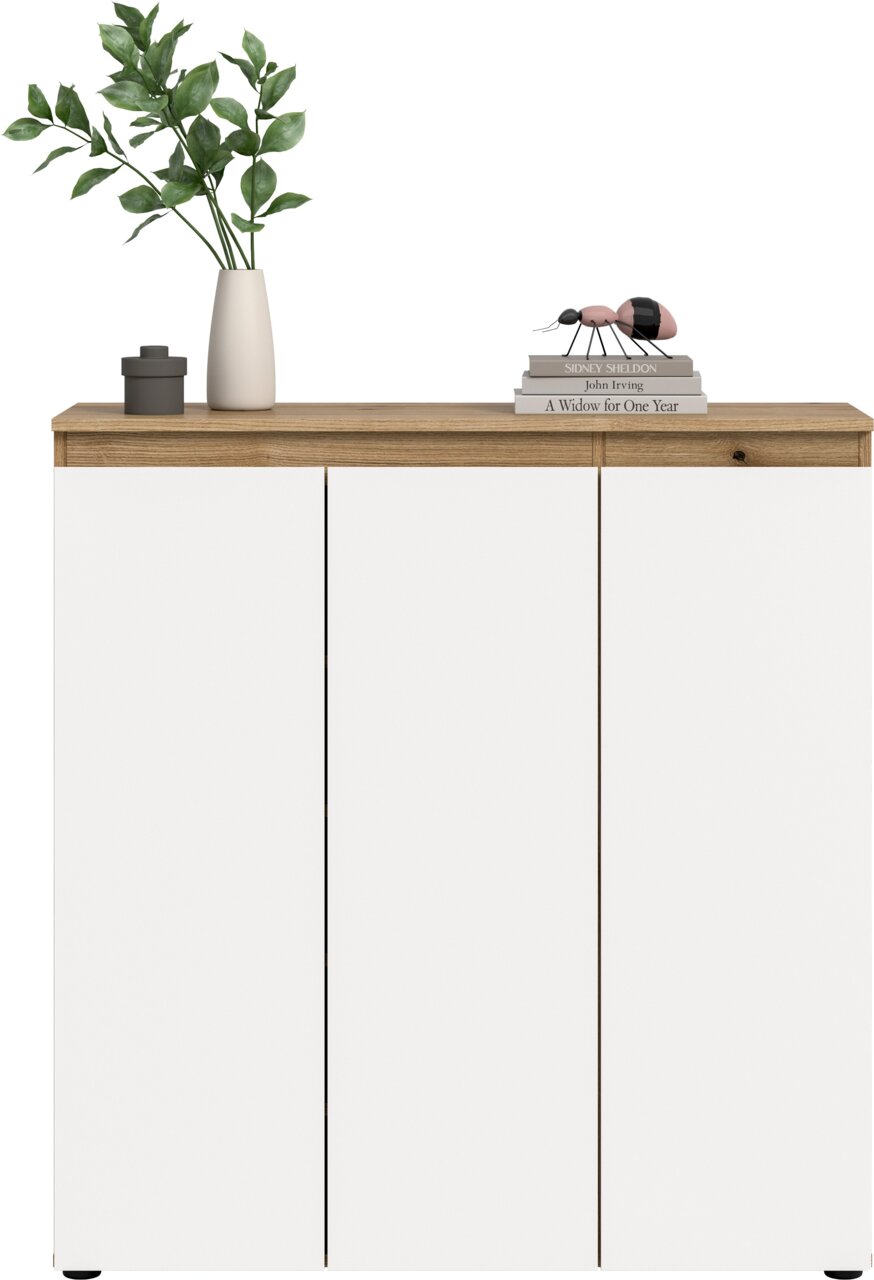 Modernes Sideboard mit weißer Front und Holzplatte, frontal aus der Vorderansicht fotografiert; oben dekoriert mit Vase, Pflanze und Büchern.