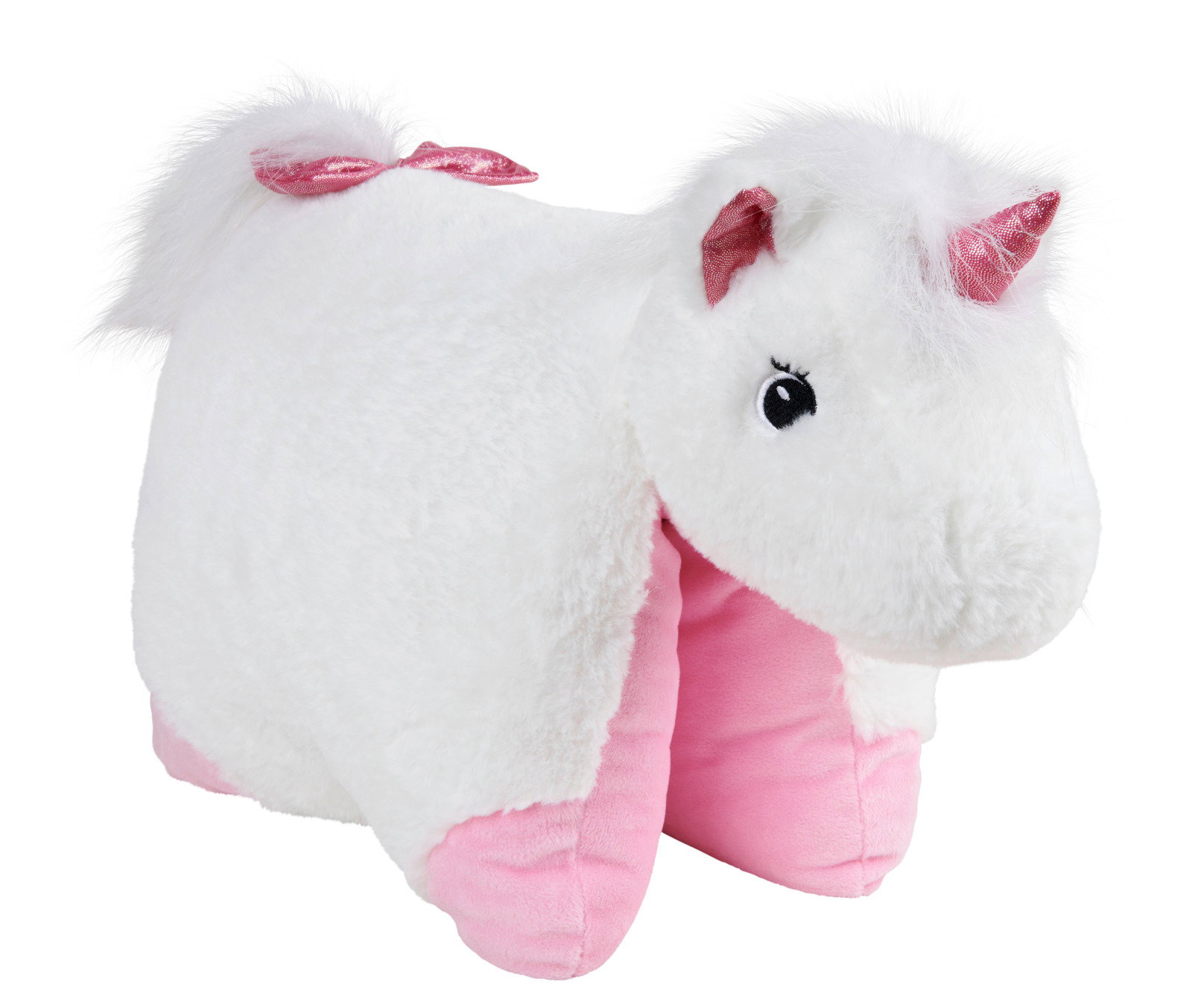 Weißes Einhorn-Kinderkissen mit rosa Akzenten, seitliche Perspektive