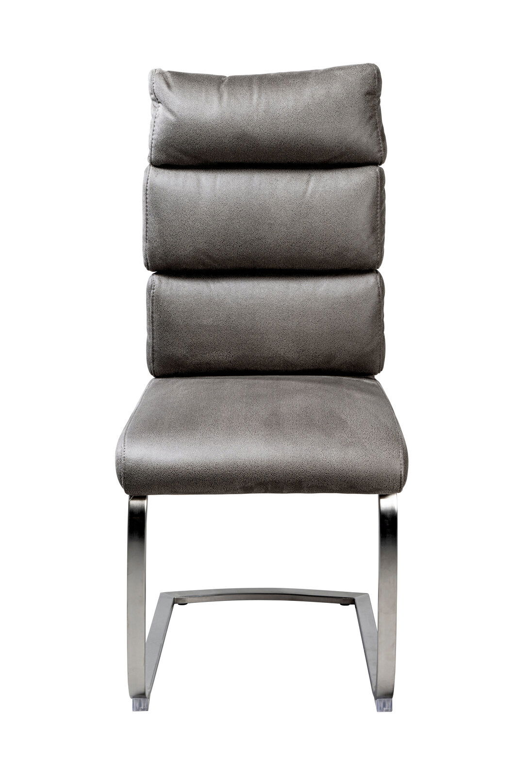 Moderner Freischwinger-Stuhl in Grau mit gepolsterter Rückenlehne und Sitzfläche, Vorderansicht