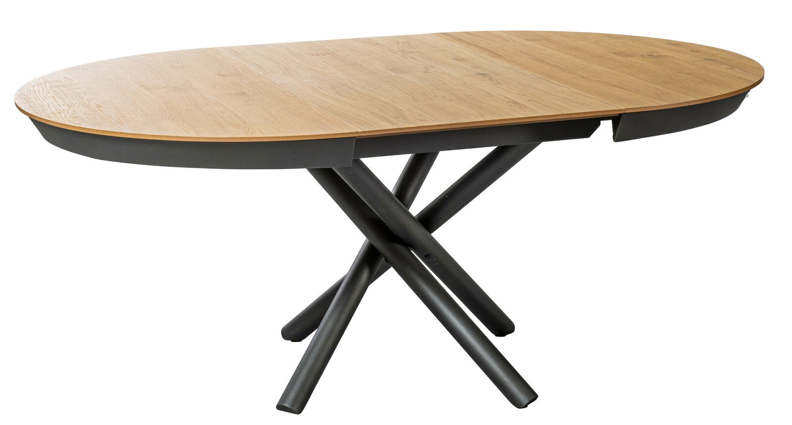 Moderner Esstisch mit ovaler Holzplatte und gekreuzten Metallbeinen, seitliche Perspektive