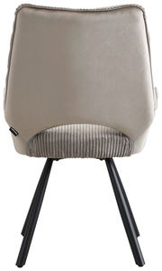 Rückansicht eines modernen Armlehnstuhls mit beigem Polster und schwarzen Metallbeinen.