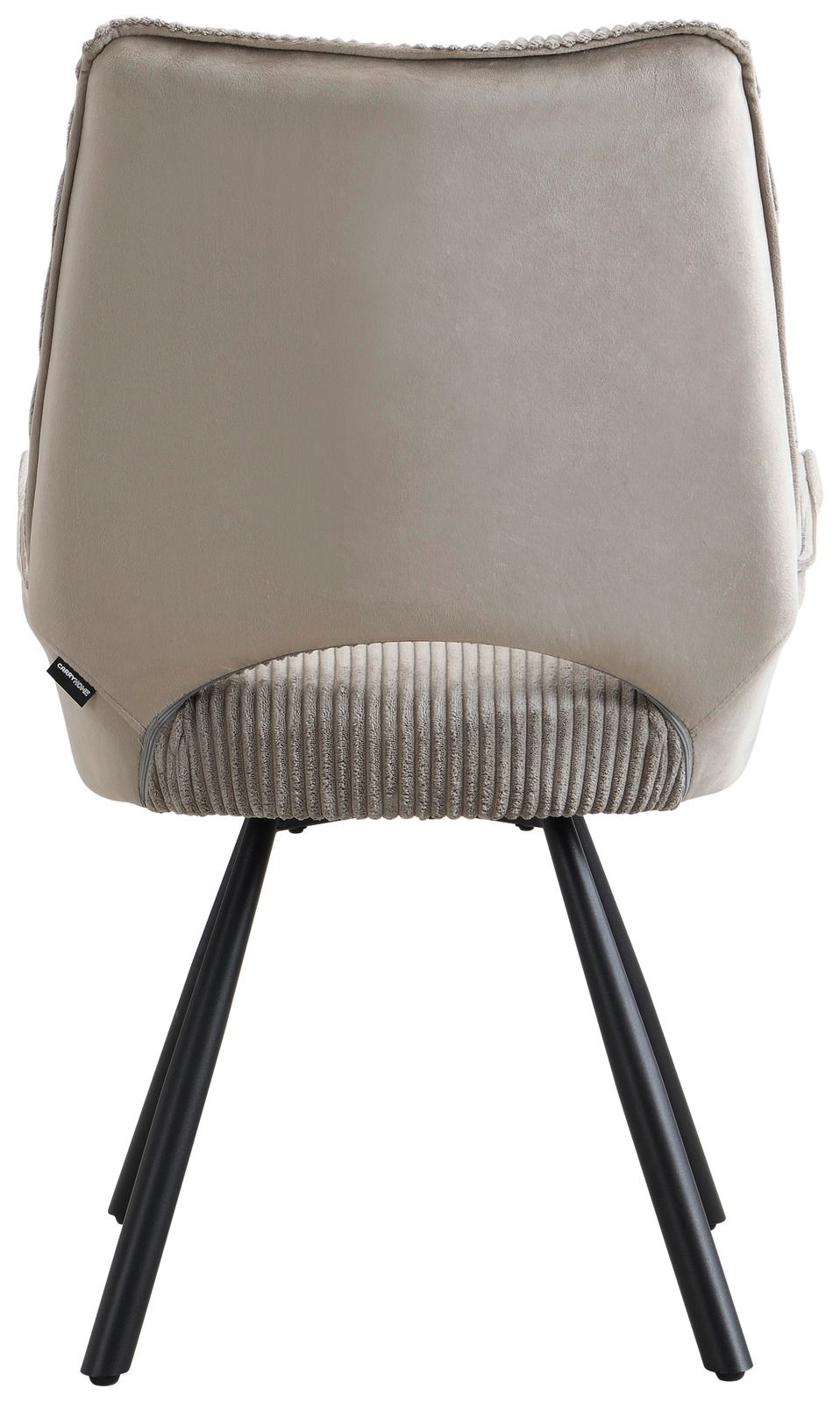 Rückansicht eines modernen Armlehnstuhls mit beigem Polster und schwarzen Metallbeinen.