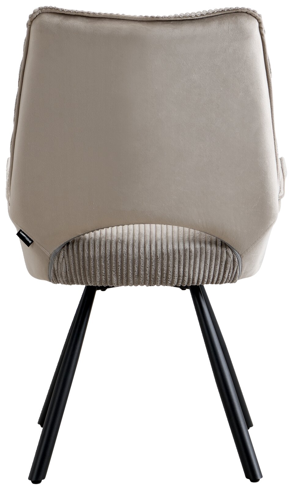 Achterkant van een moderne fauteuil met beige bekleding en zwarte metalen poten.