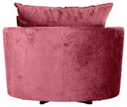 Rückansicht eines rosafarbenen Sessels mit weichem Stoffbezug und Kissen.