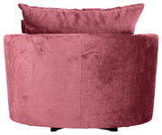 Rückansicht eines rosafarbenen Sessels mit weichem Stoffbezug und Kissen.