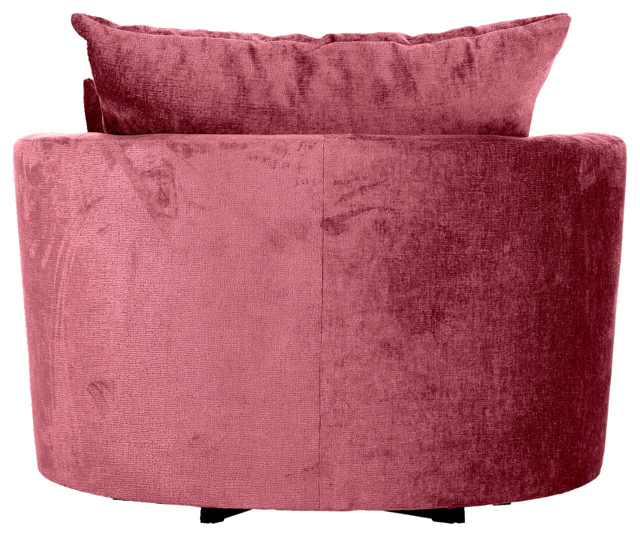 Achterkant van een roze fauteuil met een zachte stoffen bekleding en kussens.