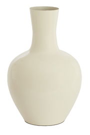 Elegante cremefarbene Vase mit bauchiger Form, frontal fotografiert