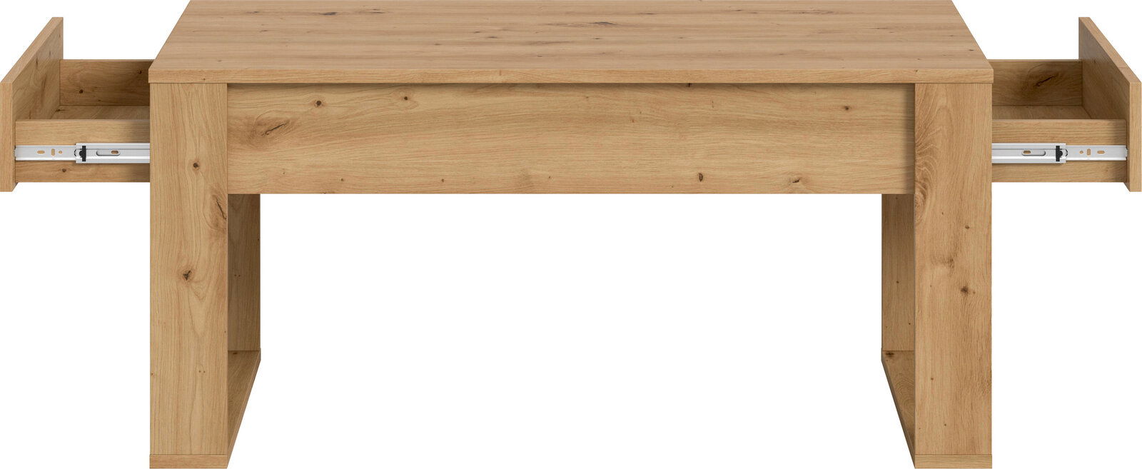 Massiver Holztisch in Eichenoptik mit zwei seitlich ausgezogenen Schubladen, frontale Ansicht auf weißem Hintergrund