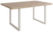 Moderner Esstisch mit Holzplatte und weißen Metallbeinen, seitliche Perspektive