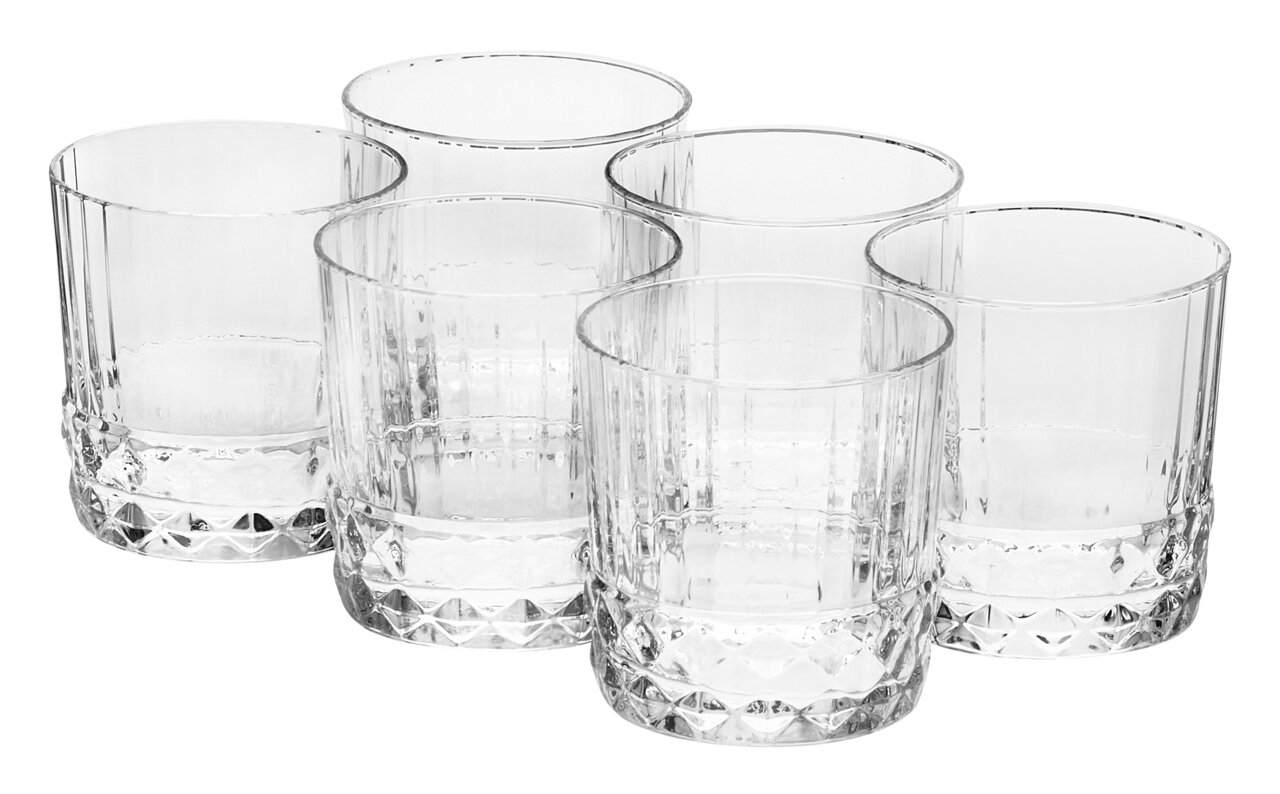 Bormioli Rocco Whiskygläser 6er-Set AMERICA Sechs Whiskygläser im Set, aus klarem Glas mit facettiertem Design, Ansicht von vorne.