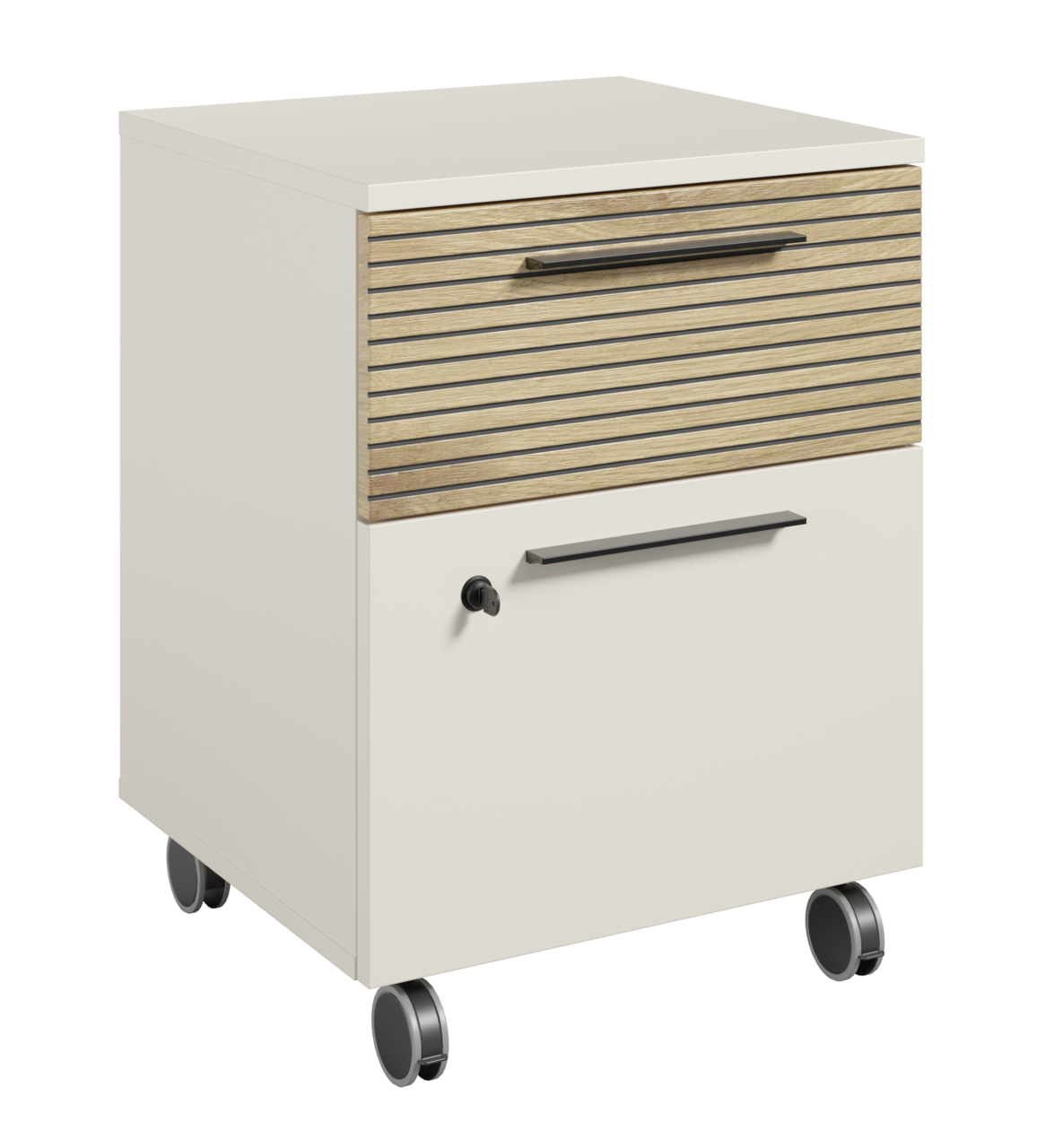 Rollcontainer mit zwei Schubladen, obere Schublade mit Holzoptik und seitlicher Perspektive.