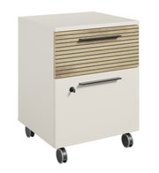 Rollcontainer mit zwei Schubladen, obere Schublade mit Holzoptik und seitlicher Perspektive.